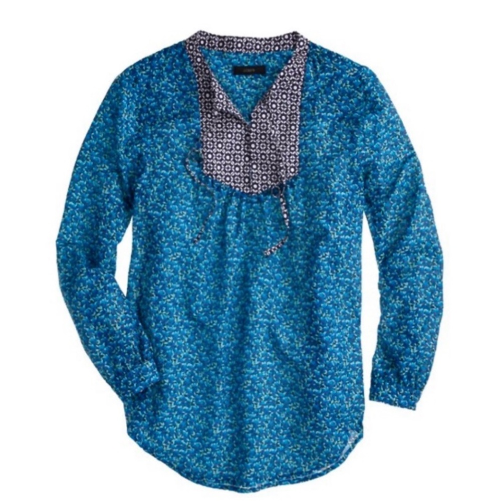 J.Crew Blue Silk Floral Split Neck Tie Peasant Blouse Top size 2